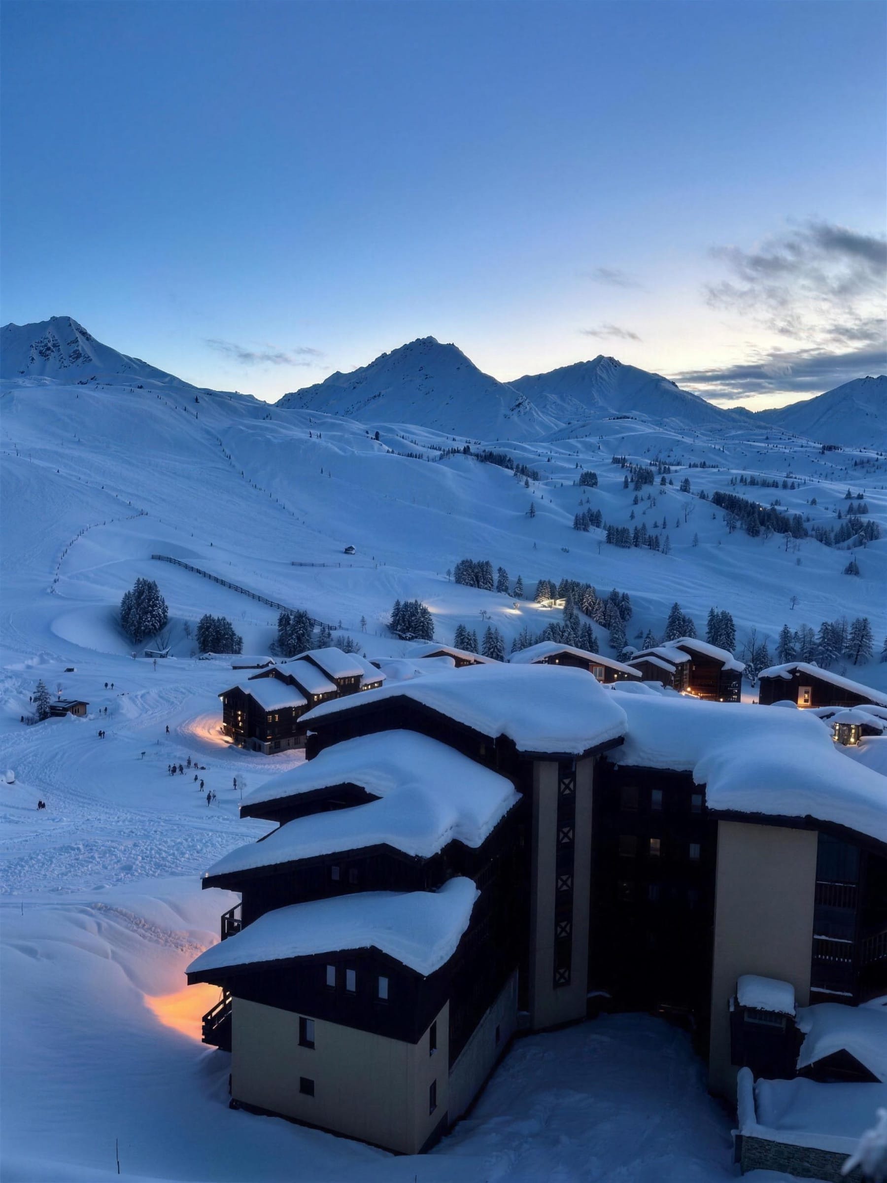 Belle-Plagne à la tombée du jour, chalets éclairés et pistes damées