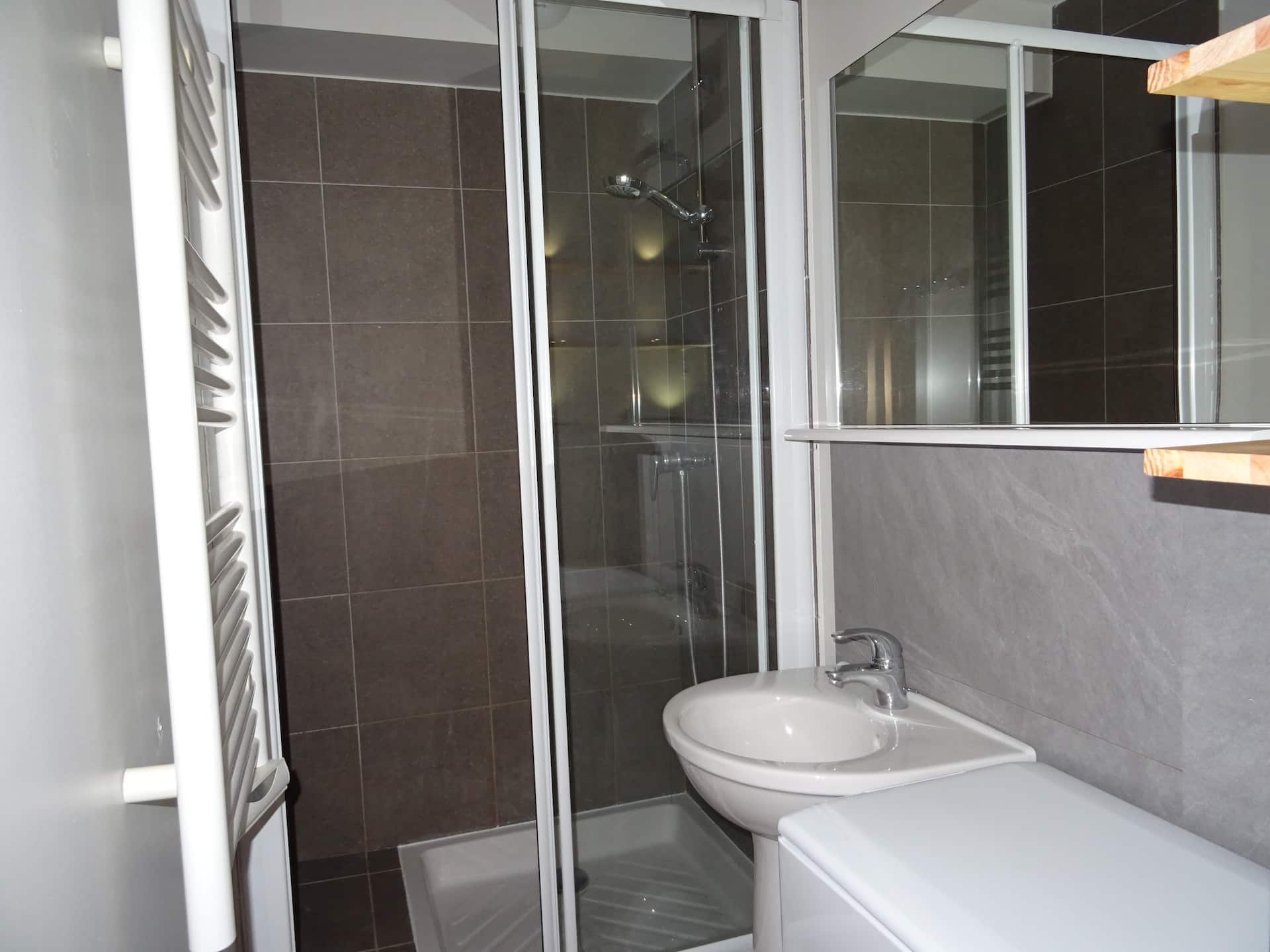 Salle d'eau avec douche à l'italienne, lavabo et lave-linge